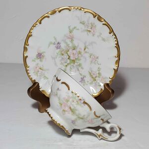 Golden Crown Teacup and Saucer Pink Purple Flowers Vintage